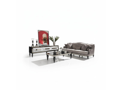 Conjunto de sofá de 4 plazas de tela gris con mesa de centro y soporte para TV, set de 3 piezas.