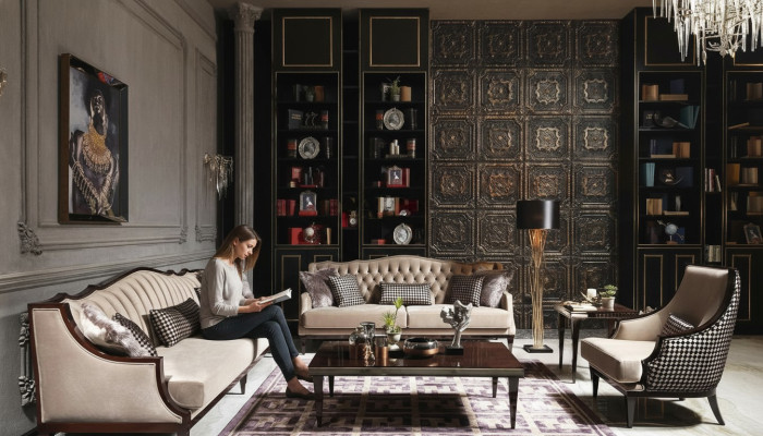 Conjunto de sofás de cuatro plazas, tres plazas, sillón, gris, mesas de centro, sofá de tela.