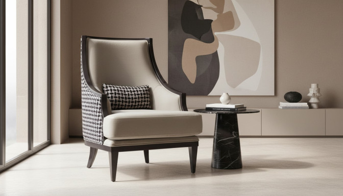 Sillón orejero, individual, de tela gris, clásico de salón.