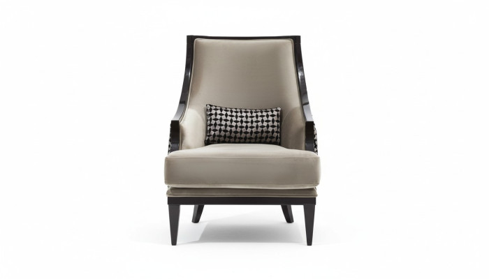 Sillón orejero, individual, de tela gris, clásico de salón.