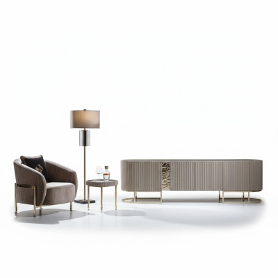 Grupo sillón mesa auxiliar de salón tela beige soporte de TV set de 3 piezas