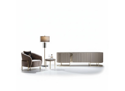 Grupo sillón mesa auxiliar de salón tela beige soporte de TV set de 3 piezas