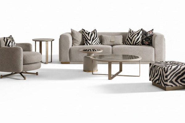 Conjunto de sofá de cuatro plazas de tela gris, sillón, sofa, mesas de centro, 6 piezas.