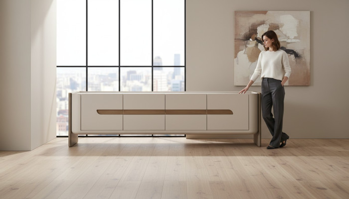 Mueble de televisión RTV, stand para televisión de madera beige, moderno mueble de salón.