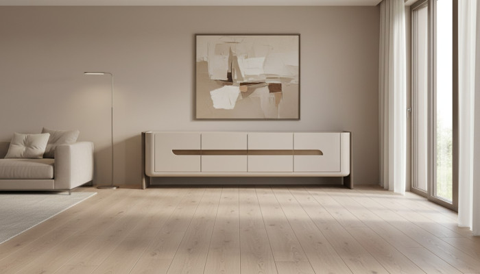 Mueble de televisión RTV, stand para televisión de madera beige, moderno mueble de salón.