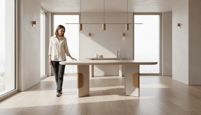 Mesa de comedor moderna de madera en esquina de comedor beige diseño de comedor.