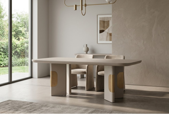 Mesa de comedor moderna de madera en esquina de comedor beige diseño de comedor.