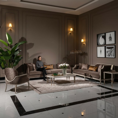 Sofá de cuatro plazas con mesa de centro, sofá de tela marrón y sillón, conjunto de 4 piezas.