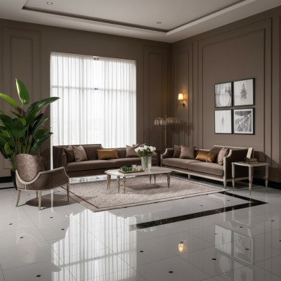 Sofá de cuatro plazas con mesa de centro, sofá de tela marrón y sillón, conjunto de 4 piezas.