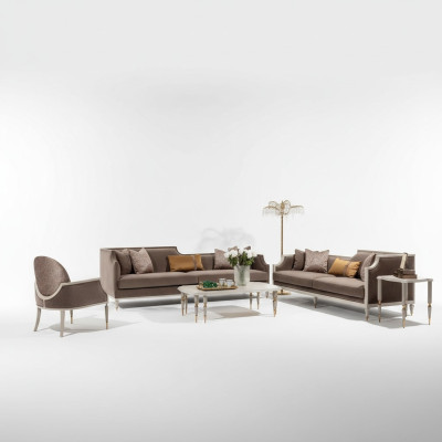 Sofá de cuatro plazas con mesa de centro, sofá de tela marrón y sillón, conjunto de 4 piezas.
