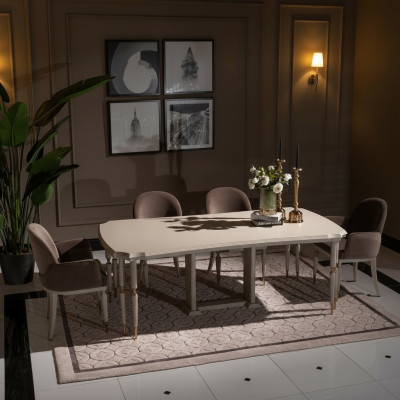 Grupo de comedor Rincón de comer Mesa de comedor Sillas Conjunto de 7 piezas Comedor Beige Madera Diseño