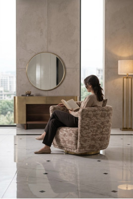 Conjunto de sala de estar Sillón Cómoda Espejo Tela beige Madera Relax 3 piezas