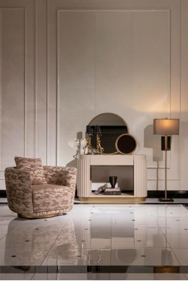 Conjunto de sala de estar Sillón Cómoda Espejo Tela beige Madera Relax 3 piezas
