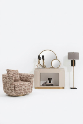 Conjunto de sala de estar Sillón Cómoda Espejo Tela beige Madera Relax 3 piezas