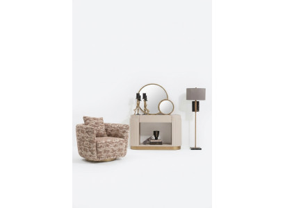 Conjunto de sala de estar Sillón Cómoda Espejo Tela beige Madera Relax 3 piezas