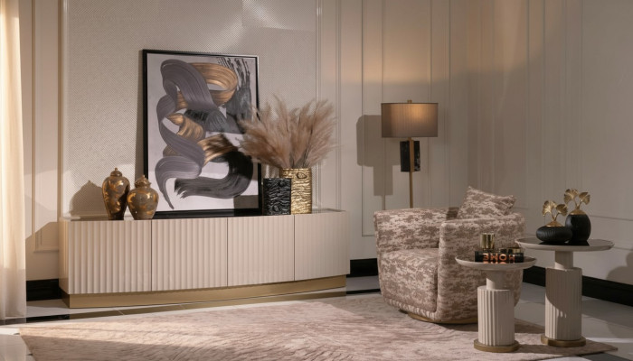 Juego de salón completo con sillones, aparador y mesas auxiliares de 4 piezas, beige.
