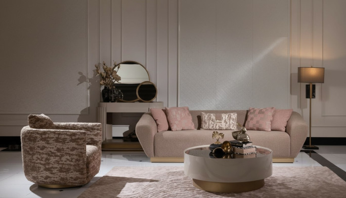 Conjunto de sofá de 3 plazas, sillón, mesa de centro y cómoda de tela beige de 5 piezas.