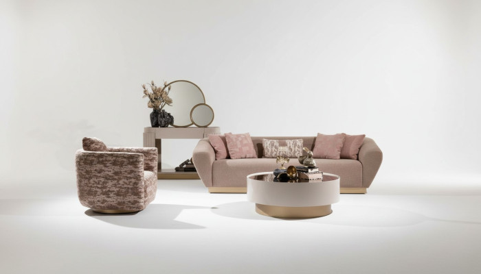 Conjunto de sofá de 3 plazas, sillón, mesa de centro y cómoda de tela beige de 5 piezas.
