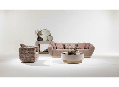 Conjunto de sofá de 3 plazas, sillón, mesa de centro y cómoda de tela beige de 5 piezas.