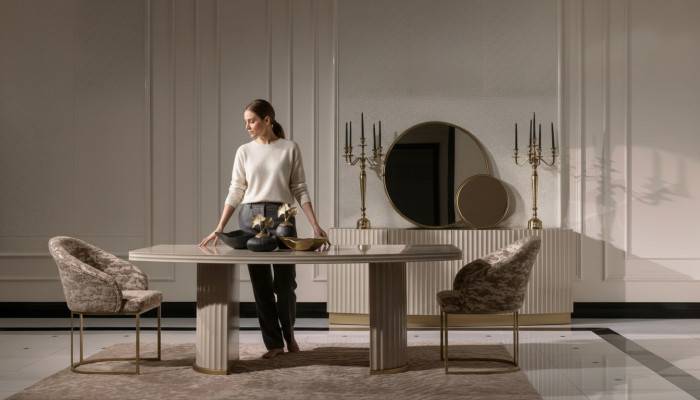 Grupo de comedor, rincón de comedor, mesa de comedor, sillas, juego de 9 piezas, comedor beige de madera de lujo.