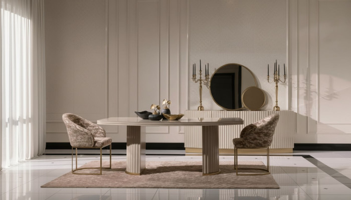 Grupo de comedor, rincón de comedor, mesa de comedor, sillas, juego de 9 piezas, comedor beige de madera de lujo.