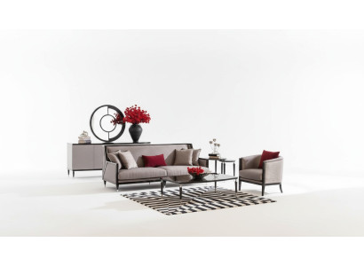 Set de sofá de tres plazas, sillón y mesas de centro, 5 piezas, tela gris.