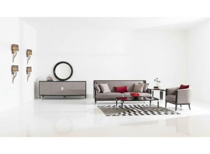 Conjunto completo de sofá de tres plazas, sillón y mesa de centro en gris.