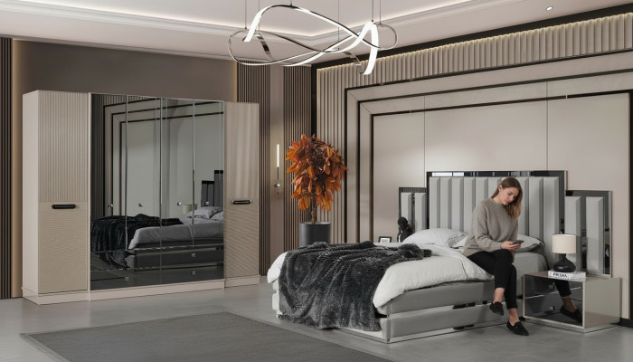 Conjunto de dormitorio completo con cama doble, mesitas de noche y armario en gris (4 piezas).