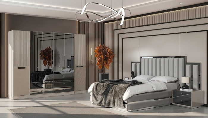 Conjunto de dormitorio completo con cama doble, mesitas de noche y armario en gris (4 piezas).
