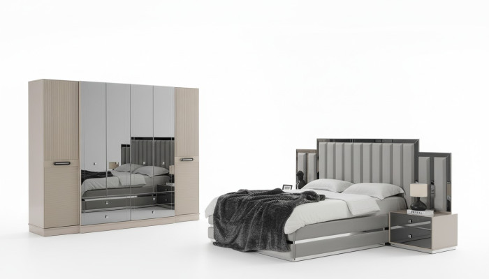 Conjunto de dormitorio completo con cama doble, mesitas de noche y armario en gris (4 piezas).