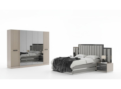 Conjunto de dormitorio completo con cama doble, mesitas de noche y armario en gris (4 piezas).