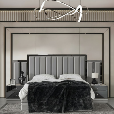 Conjunto de dormitorio cama doble cama mesitas de noche 3 piezas Gris armario