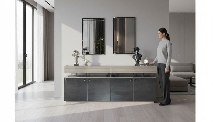 Aparador con espejo Conjunto de aparador Armario Moderno Comoda Gris