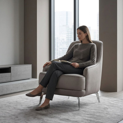 Sillón orejero, sillón de cóctel, tapizado en tela moderna gris de dos plazas para sala de estar.