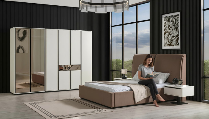Juego de dormitorio Cama doble Mesitas de noche 4 piezas Beige Armario