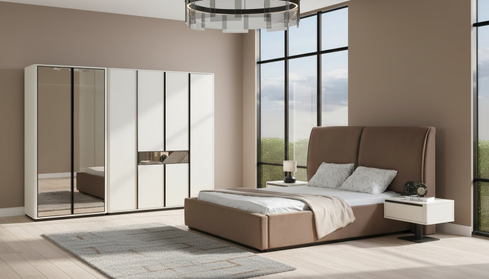 Juego de dormitorio Cama doble Mesitas de noche 4 piezas Beige Armario