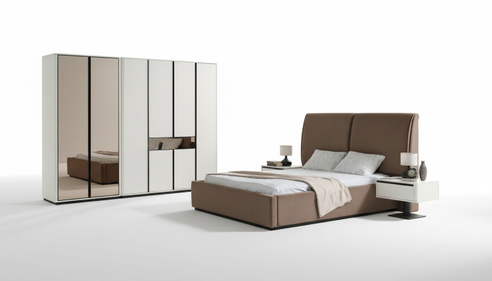 Juego de dormitorio Cama doble Mesitas de noche 4 piezas Beige Armario