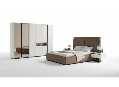 Juego de dormitorio Cama doble Mesitas de noche 4 piezas Beige Armario