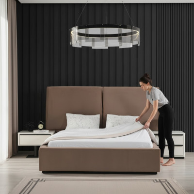 Conjunto de muebles de dormitorio, cama doble, cama, mesillas de noche, 3 piezas, beige.