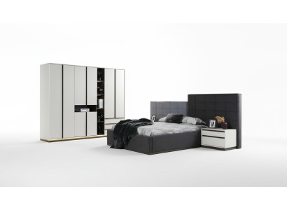 Conjunto de dormitorio cama doble mesitas de noche 4 piezas gris armarios