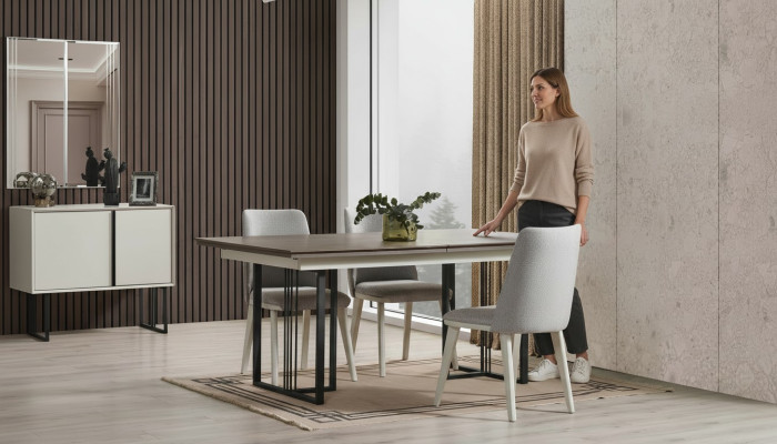 Esquina de la mesa de comedor Grupo de comedor Blanco Grupo de comedor Mesa de comedor Sillas 7 piezas Madera