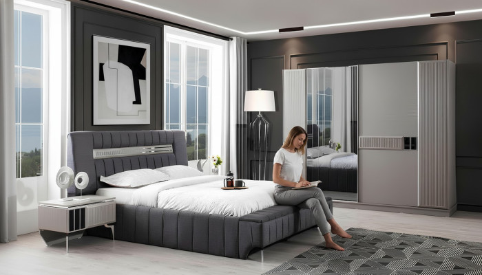 Juego de dormitorio cama doble cama mesitas de noche 4 piezas gris armario