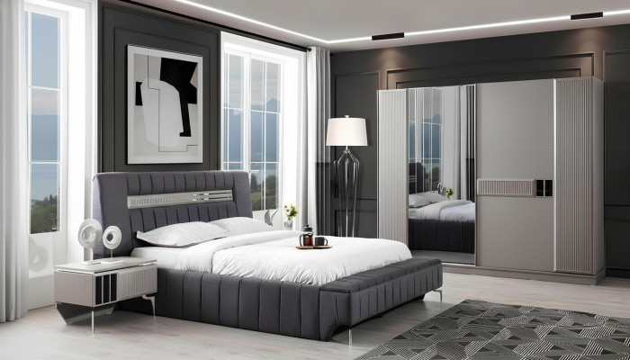 Juego de dormitorio cama doble cama mesitas de noche 4 piezas gris armario