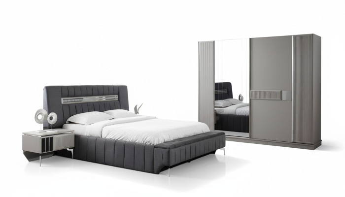 Juego de dormitorio cama doble cama mesitas de noche 4 piezas gris armario