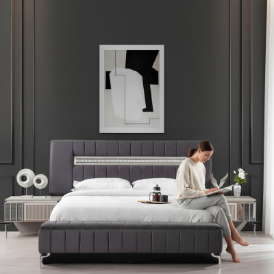 Conjunto de cama doble Mesitas de noche Dormitorio Cama 3 piezas Gris Marco de la cama