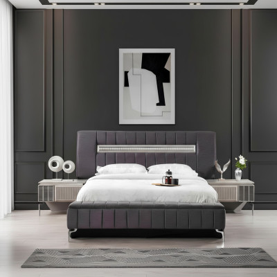 Conjunto de cama doble Mesitas de noche Dormitorio Cama 3 piezas Gris Marco de la cama