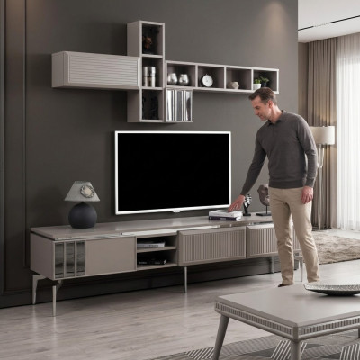 Mueble de televisión aparador estante bajo estante de TV armario de madera gris pared de la sala