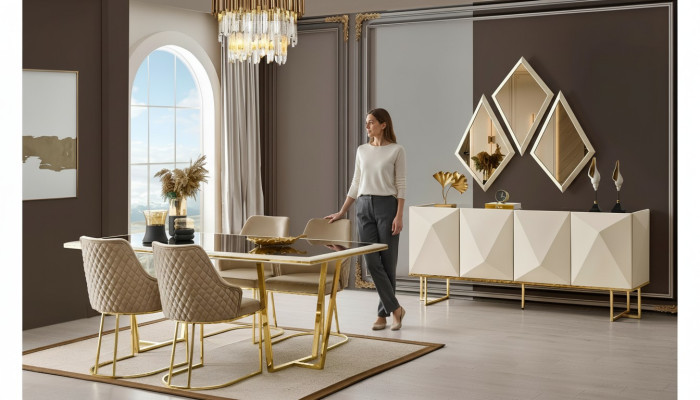 Mesa de comedor de lujo con sillas beige, conjunto de comedor de 11 piezas.