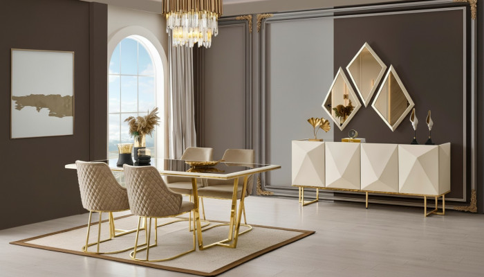Mesa de comedor de lujo con sillas beige, conjunto de comedor de 11 piezas.
