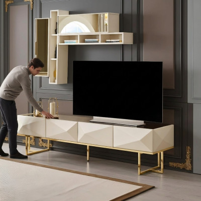 Mueble de televisión bajo, aparador para TV, estante de TV, armario de madera beige, repisas.